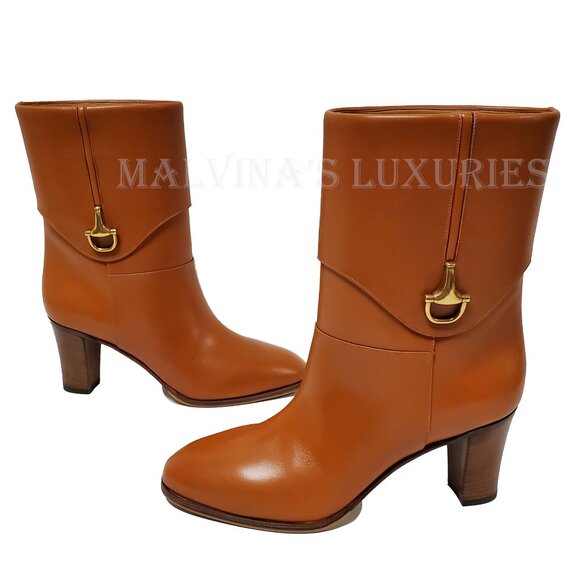 GUCCI BOOTS ELIZABETH HEELED ANKLE BROWN LEATHER w HORSEBIT - Picture 6 of 16